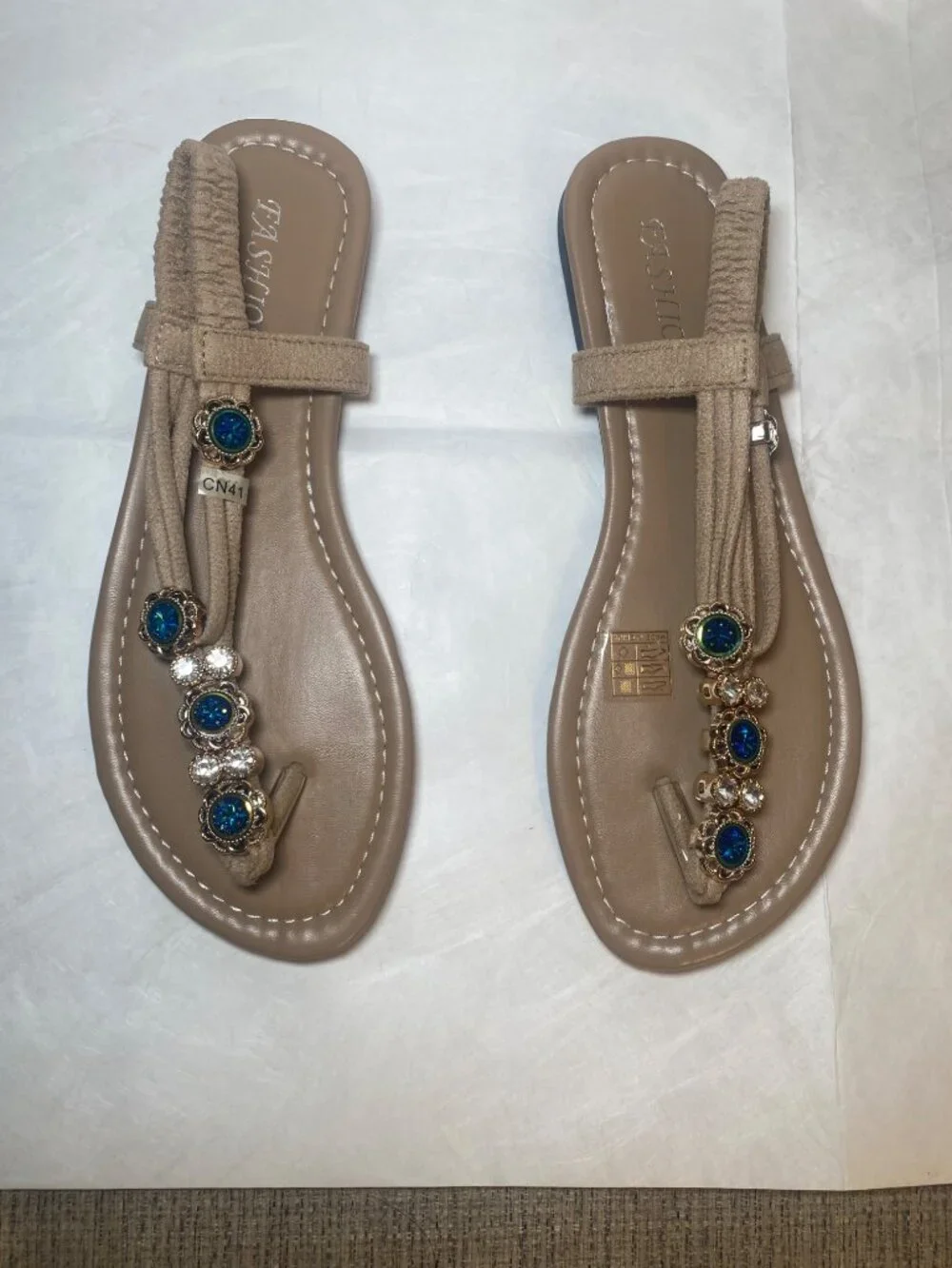 Jeweled Blue Opal T-Strap Sandals Tan Size size 8.5
